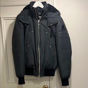 Moose Knuckles Charcoal Puffer Jacket with shearling lined hood